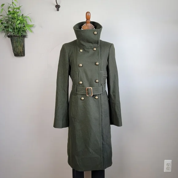 BCBGMaxAzria S Trench Peacoat Wool Cashmere Long Olive Green Coat Jacket BCBG - Picture 15 of 15